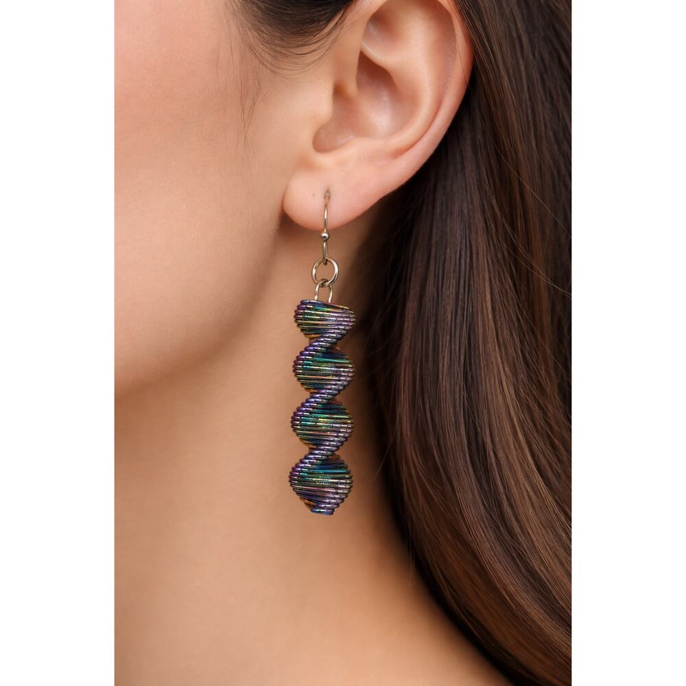 Handmade Iridescent Spiral Dangle Earrings NIP | Rainbow Coil Drop 2β Boho - Picture 3 of 5